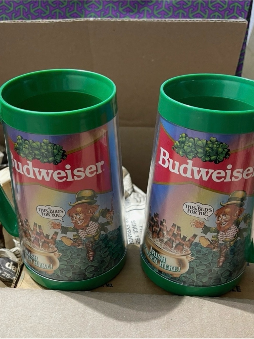 Budweiser Green Promotional Beer Mugs with Leprechaun Artwork